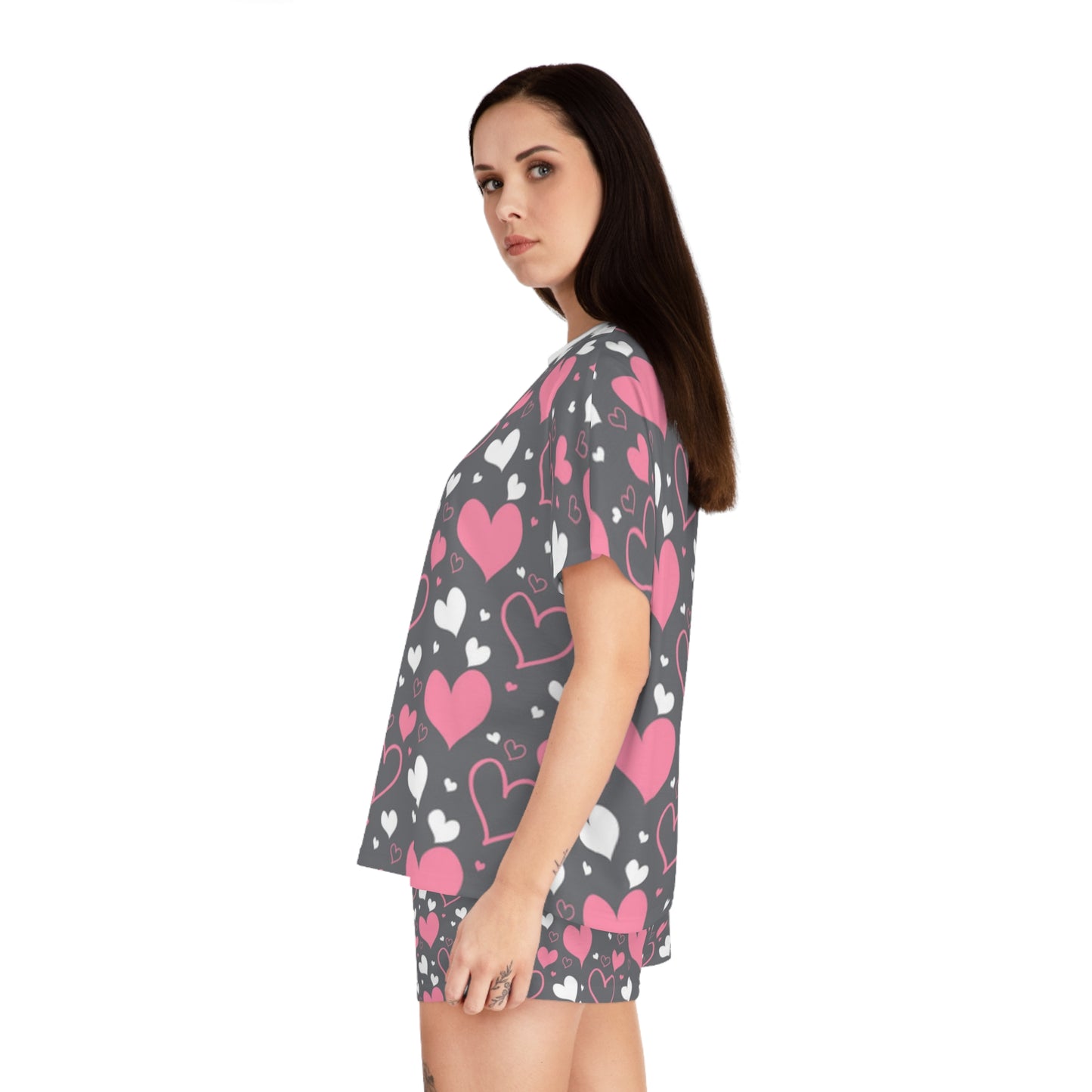 Women's Pajama Set - Grey with Pink Hearts