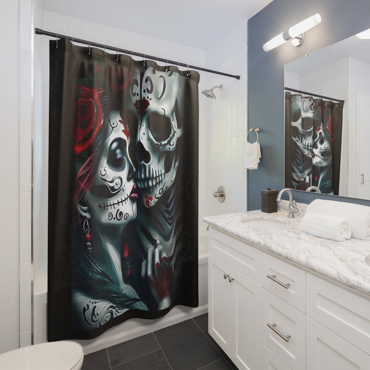 Skeleton Love Shower Curtain, Gothic Bathroom Decor, Skulls Bath Curtain, Dark Romance Gothic Bathroom Art.