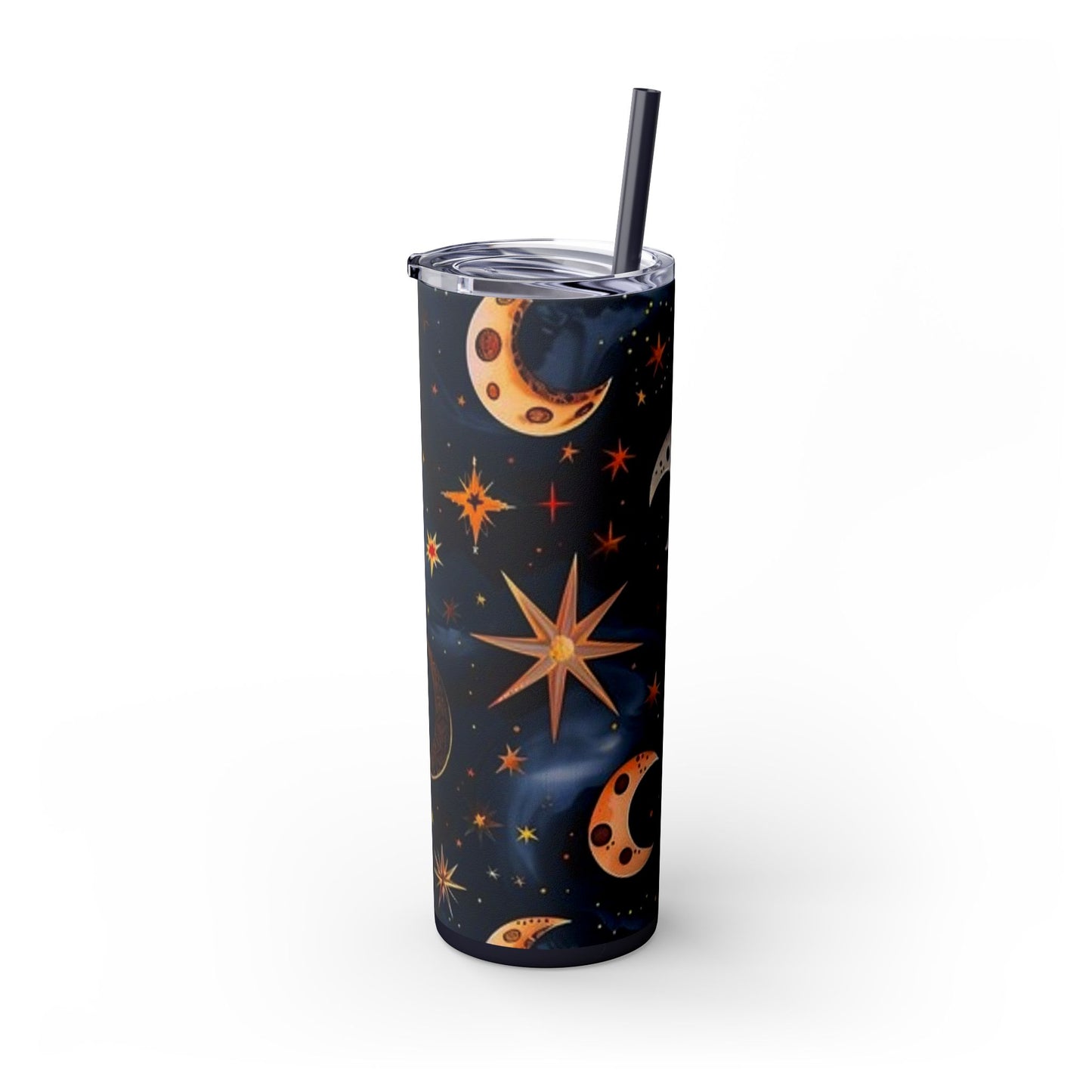 Celestial Skinny Tumbler, Moon Stars Sun Design, 20oz Cup with Straw, Galaxy. Free Domestic Shipping