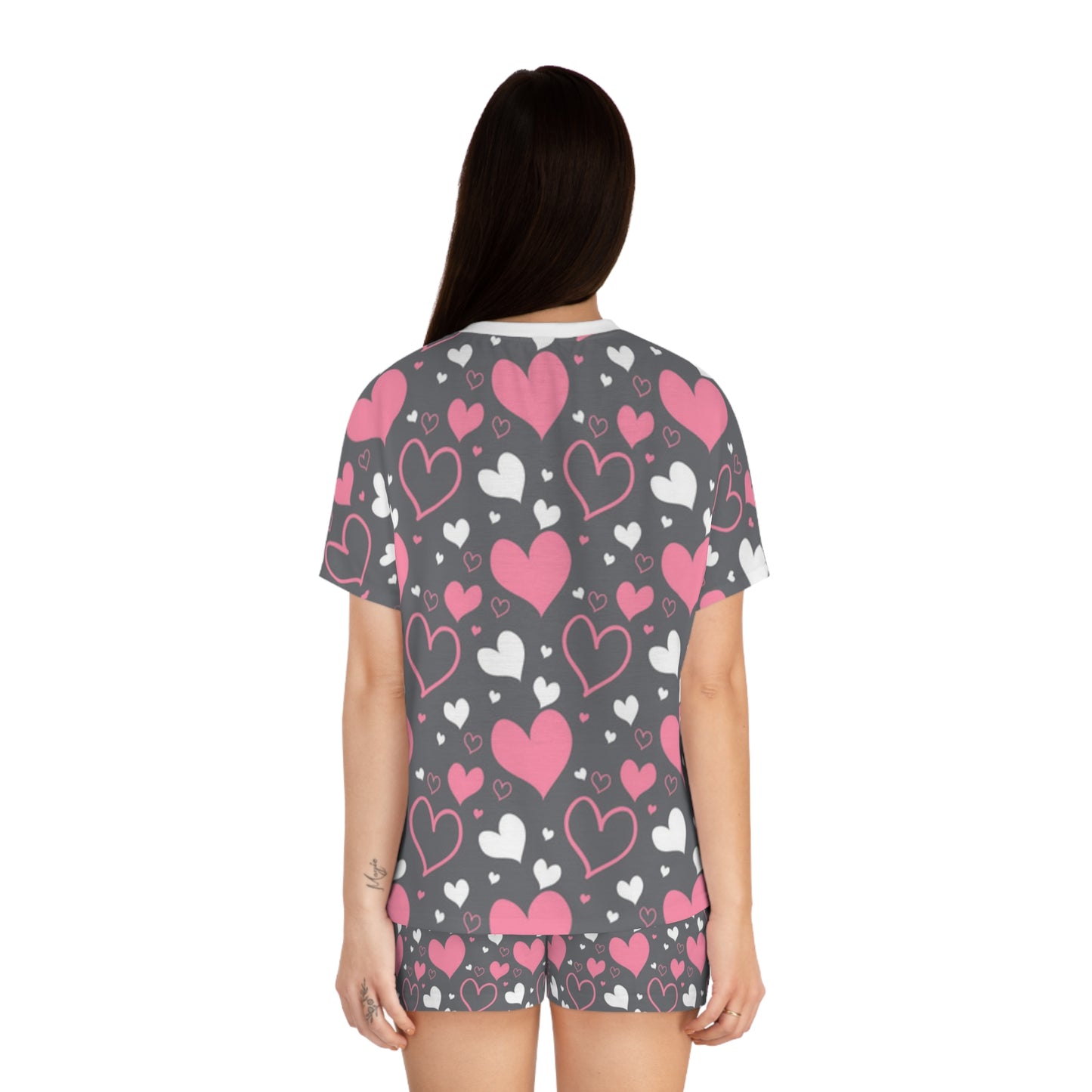 Women's Pajama Set - Grey with Pink Hearts