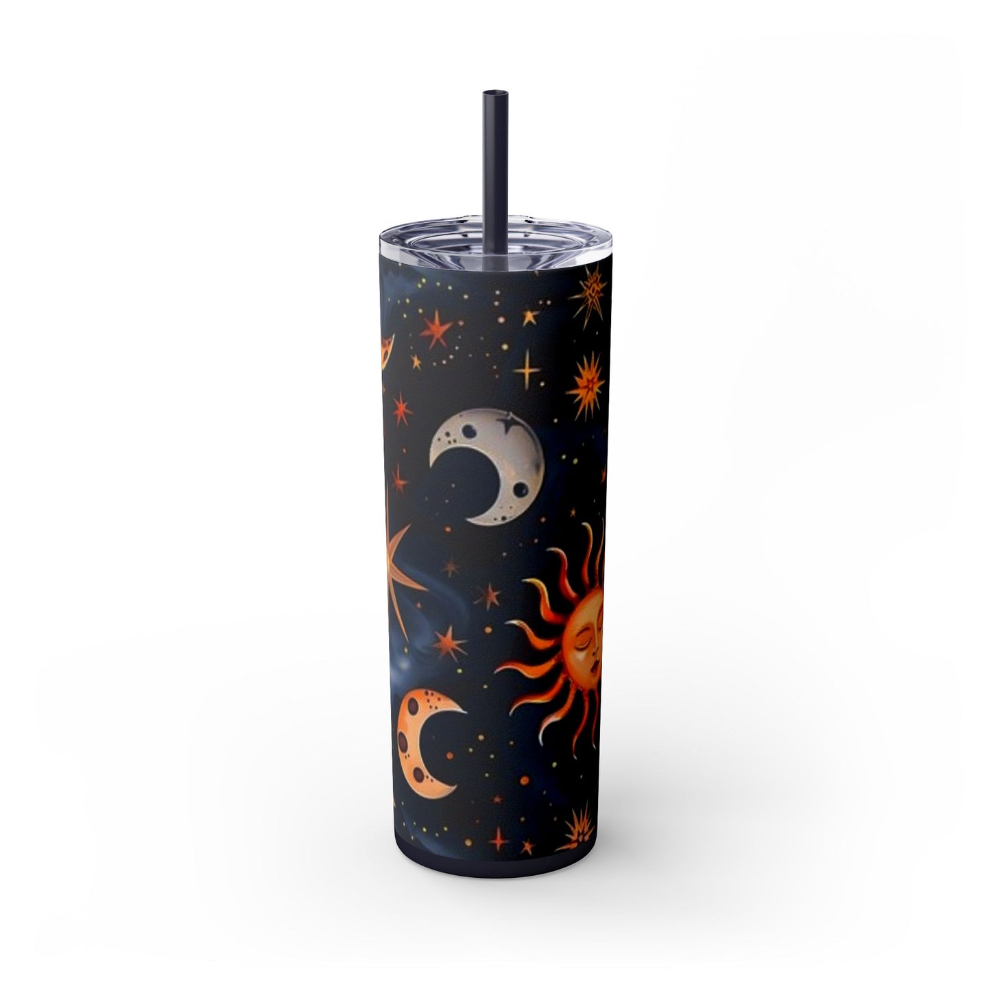 Celestial Skinny Tumbler, Moon Stars Sun Design, 20oz Cup with Straw, Galaxy. Free Domestic Shipping