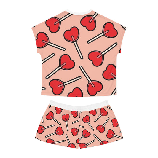 Short Pajama Set with Red Lollipop Hearts Design