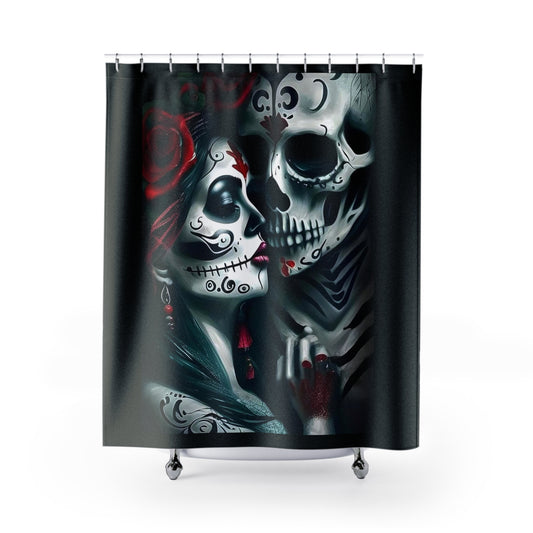 Skeleton Love Shower Curtain, Gothic Bathroom Decor, Skulls Bath Curtain, Dark Romance Gothic Bathroom Art.