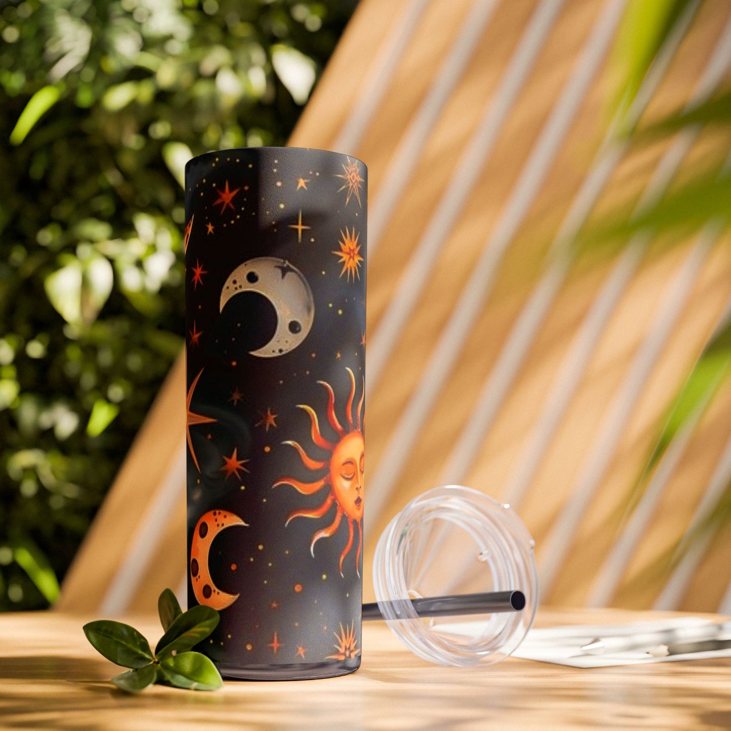 Celestial Skinny Tumbler, Moon Stars Sun Design, 20oz Cup with Straw, Galaxy. Free Domestic Shipping