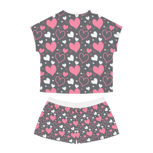 Women's Pajama Set - Grey with Pink Hearts